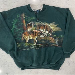 Vintage green wolf graphic 90s sweatshirt